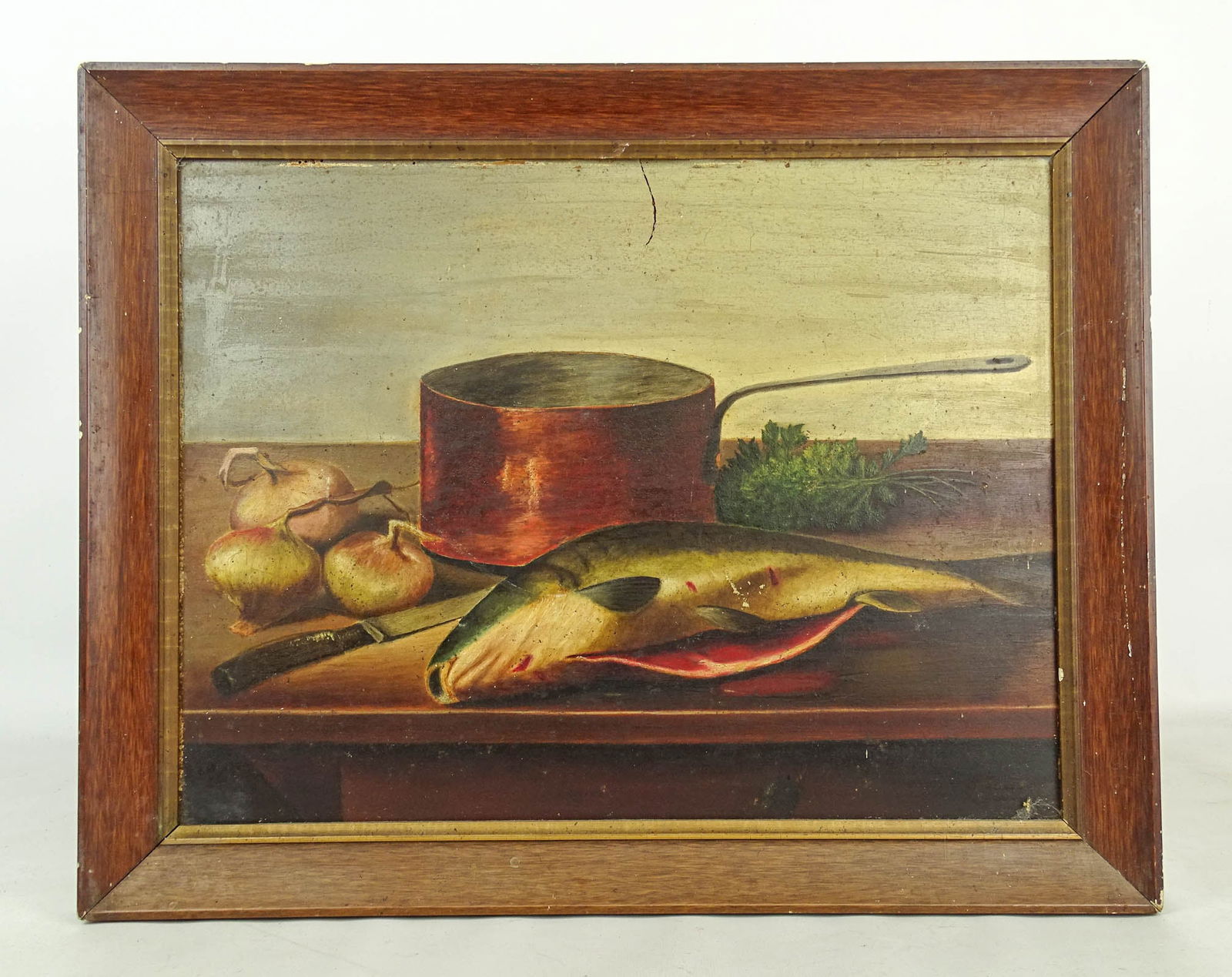 Painting: Still Life: Painting: Still life with fish and pan. Oil on panel. Overall in frame 16 1/2" x 21".