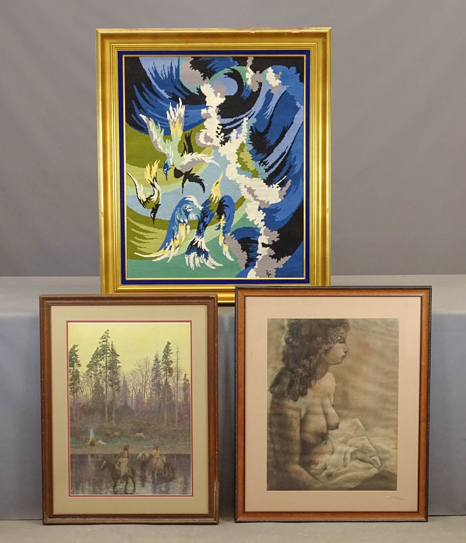 Artwork Lot: Artwork lot including: Lithograph of female nude signed "Boyack Riggs" (overall 32 1/2" x 26 1/2"), Native American subject print (overall 32" x 24"), needlework (38" x 22").