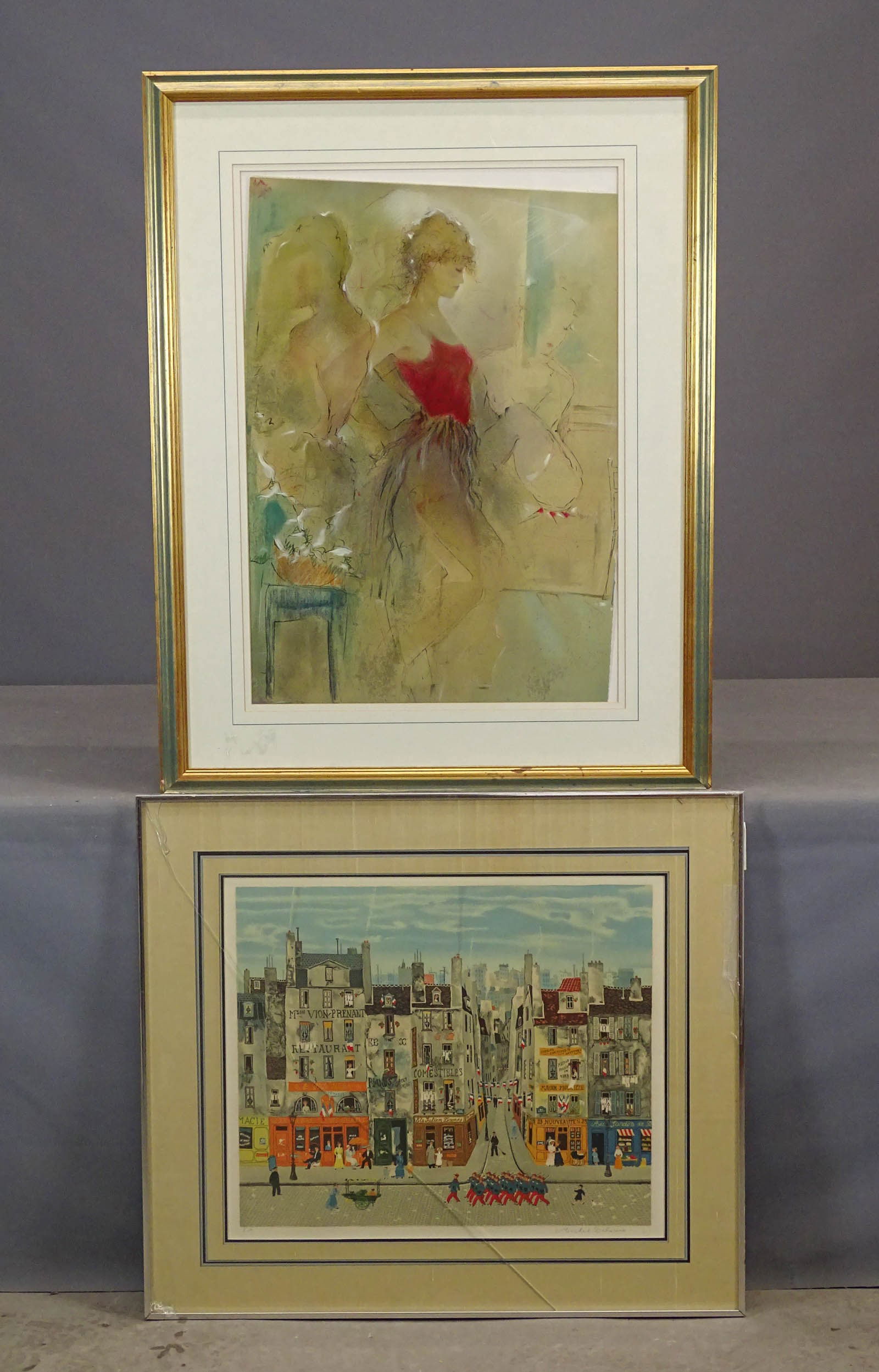 Artwork Lot: Michel Delacroix (France b. 1933), pencil signed lithograph. Overall in frame 29 1/2" x 33" (glass as is), lithograph by Janet Treby (b. 1955), overall 40" x 30".