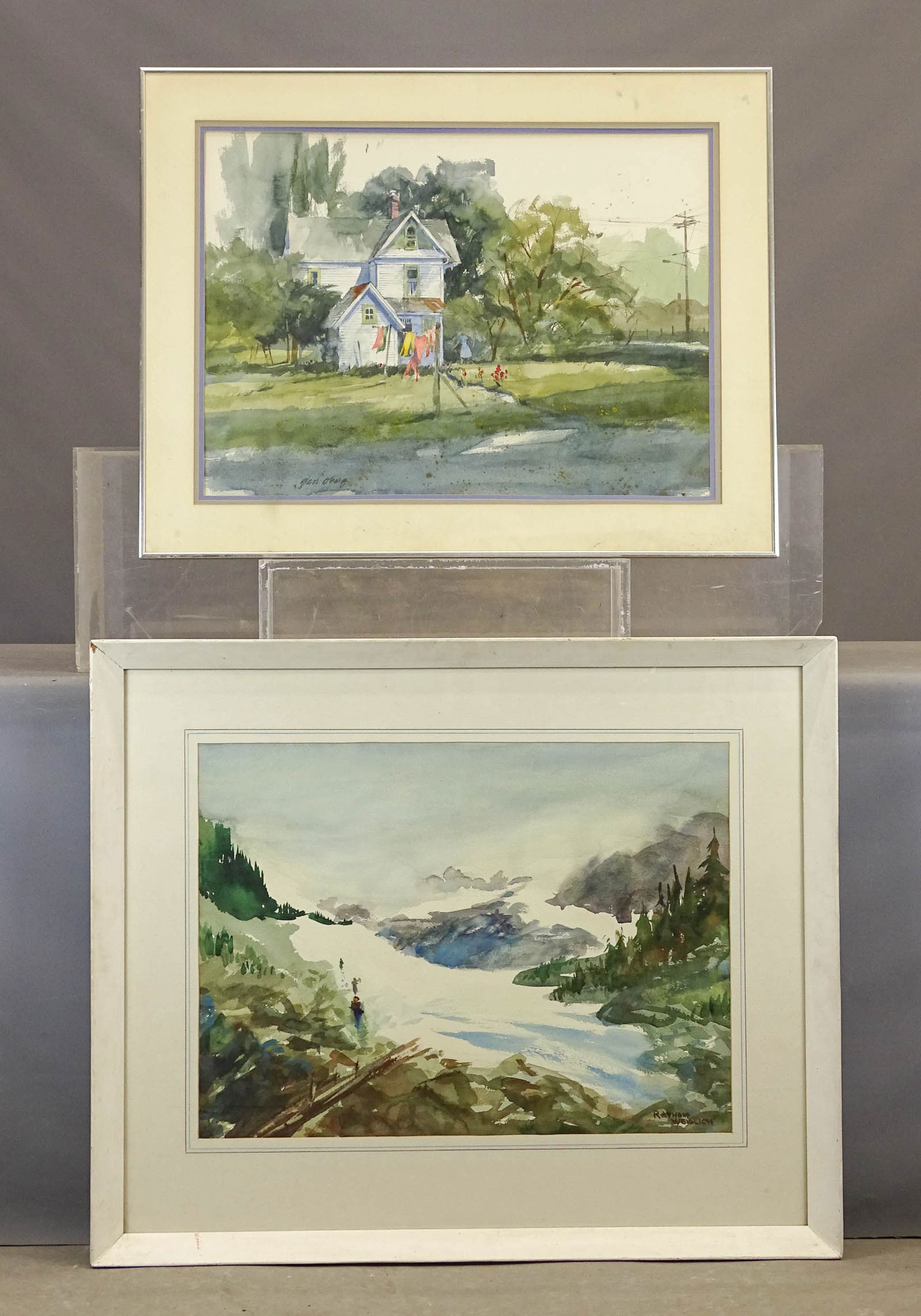 Artwork Lot: Artwork lot including: Watercolor of house signed Ken Oberg (overall 26" x 33") and watercolor landscape signed Raymond Weidlich (overall 31" x 37").