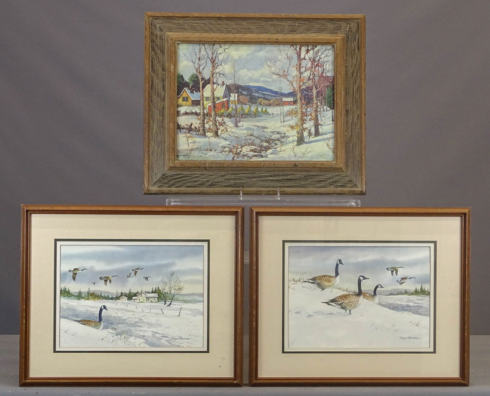 Artwork Lot: Artwork lot including: (2) original landscape watercolors signed "Wayne Romans" (overall 17" x 21"), winter landscape print (overall 18" x 22").