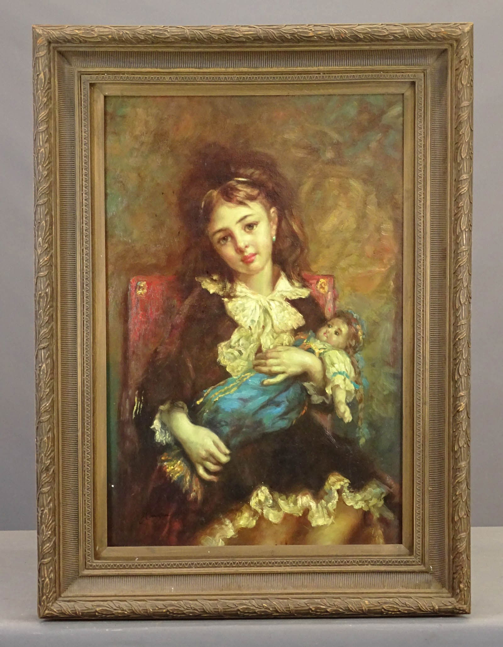 Painting: Portrait of a Woman: Painting: Portrait of a woman. Oil on canvas. Overall in frame 46" x 33". Signed LLC.