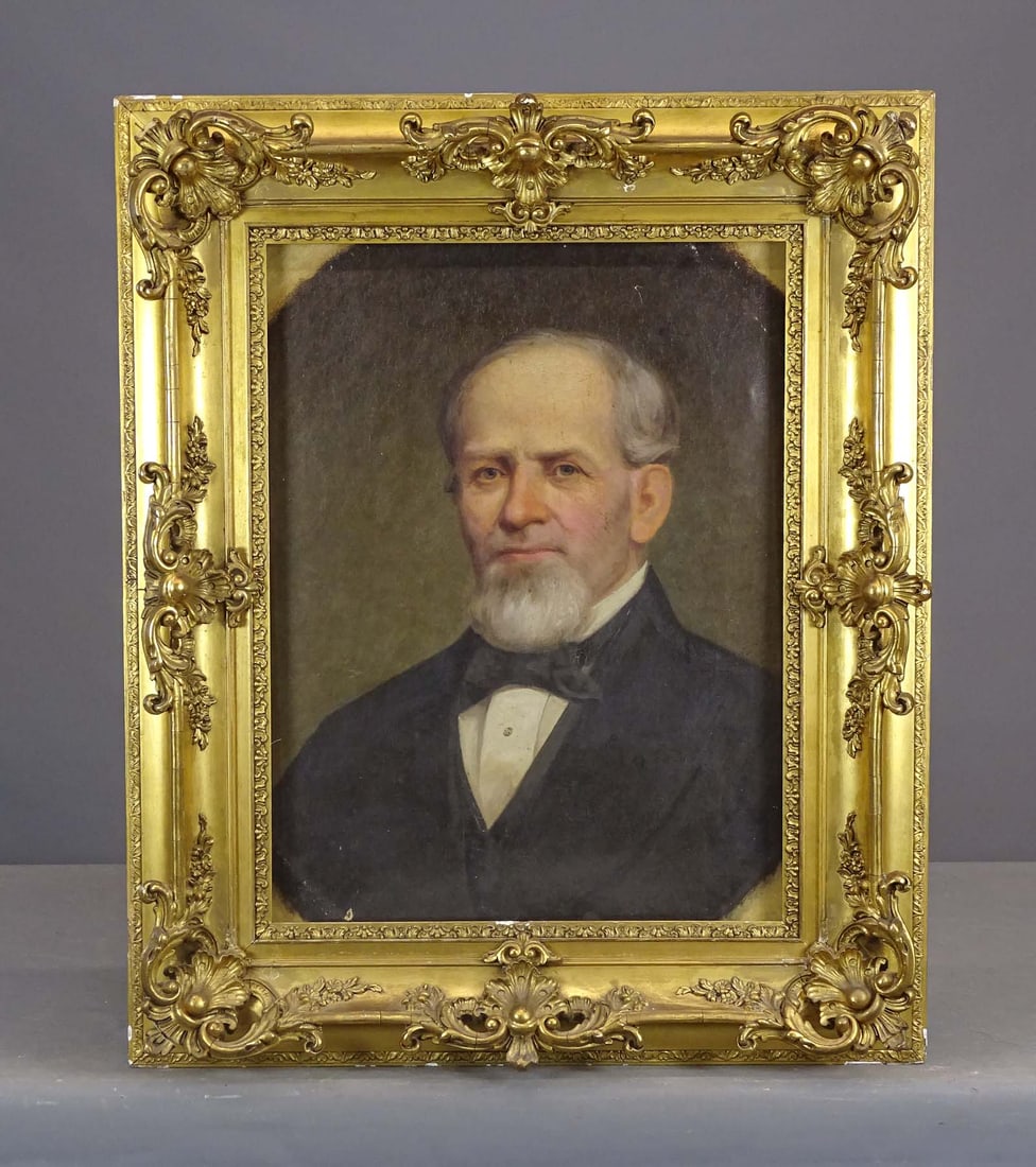 Painting: 19th c. Portrait of a Gentleman: Painting: 19th c. portrait of a gentleman. Oil on canvas. As found, attached to frame from the reverse. Overall in frame 33" x 27".