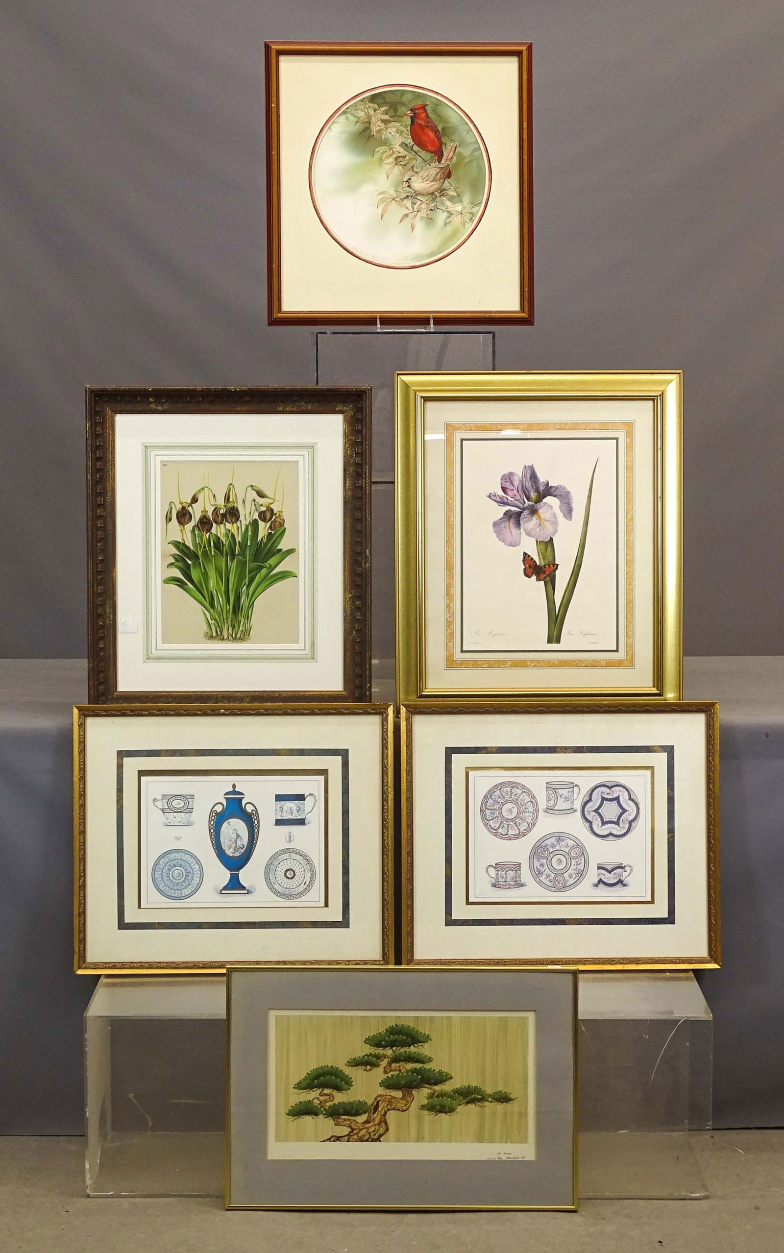 Artwork Lot: Artwork lot including: Original watercolor of birds signed "Rodney B. Crossman" (overall in frame 19 1/2" x 18"), floral study print (overall 23" x 19 1/2"), floral study print (overall 23 1/2" x 19 1