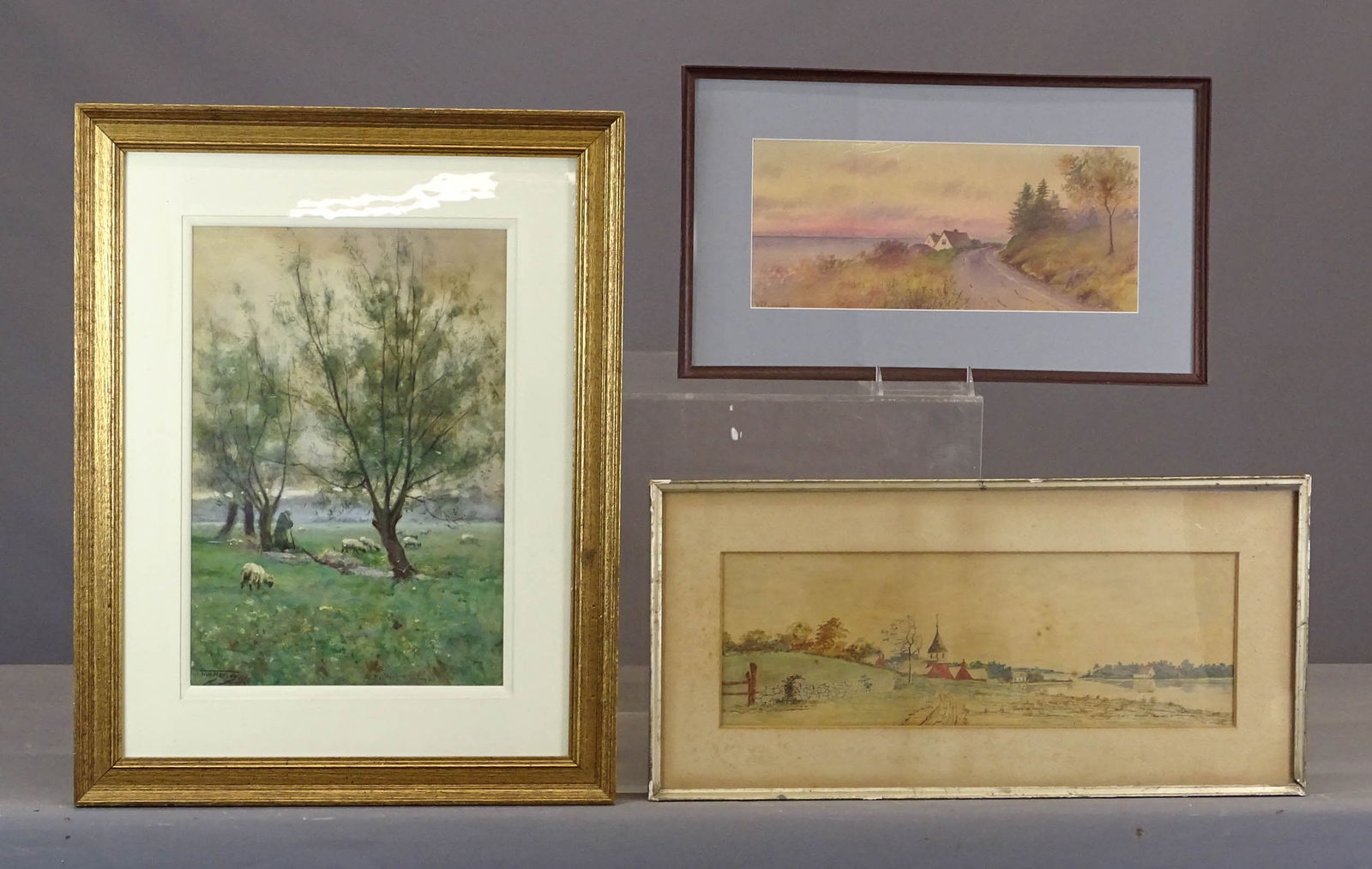 Artwork Lot: Artwork lot including: I.W. Morley (19th Century), landscape with sheep, watercolor (overall in frame 27" x 21", landscape, watercolor, signed LLC (overall 12 1/2" x 21"), landscape, watercolor, as is