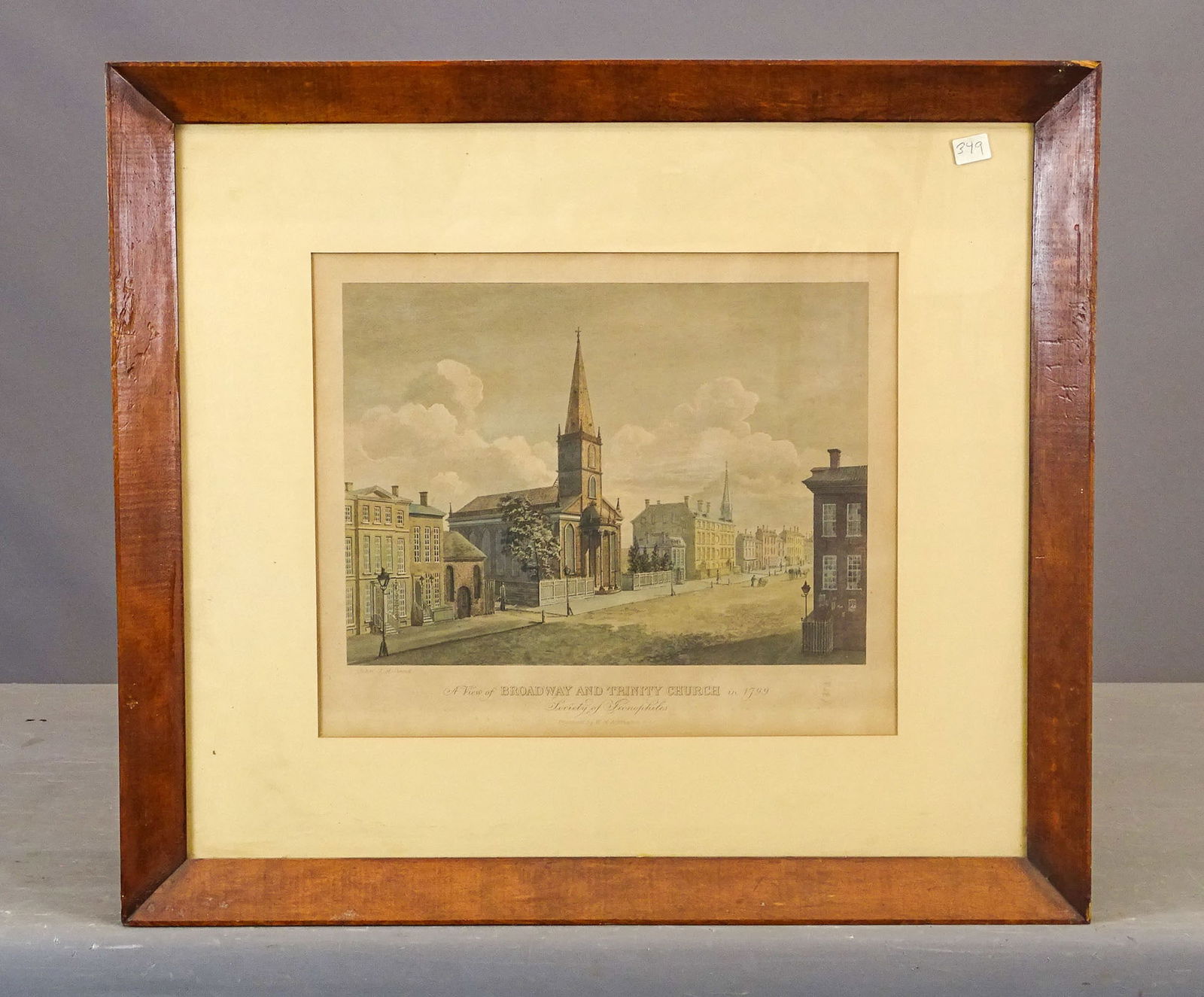 Print: "A View of BROADWAY AND TRINITY CHURCH": 19th c. print "A View of BROADWAY AND TRINITY CHURCH 1799". Overall in frame 21" x 24".