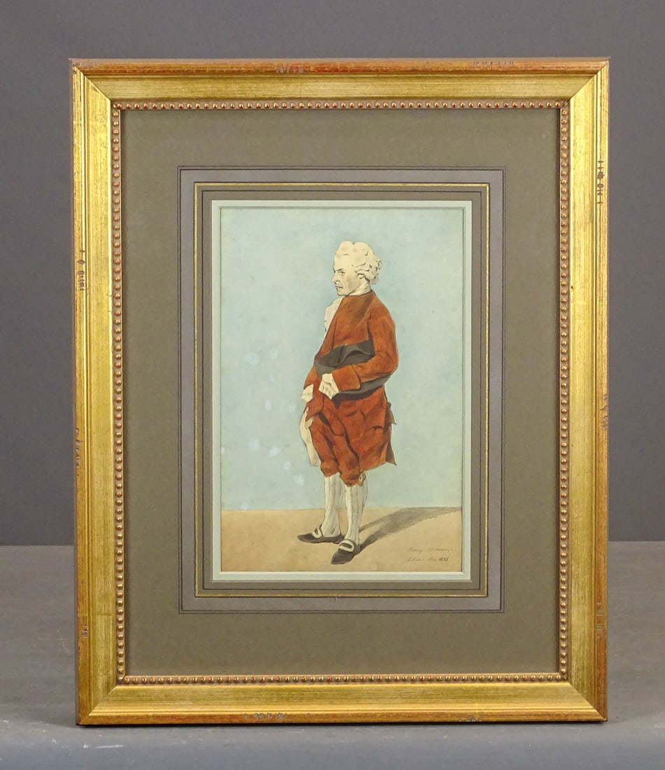 Henry Bonaventure Monnier (1799-1877): Henry Bonaventure Monnier (1799-1877), aquarelle, "Portrait d' acteur en costume Louis XVI". Info verso from "Catalogue Des Aquarelles…". Overall in frame 20 1/2" x 16 1/2".