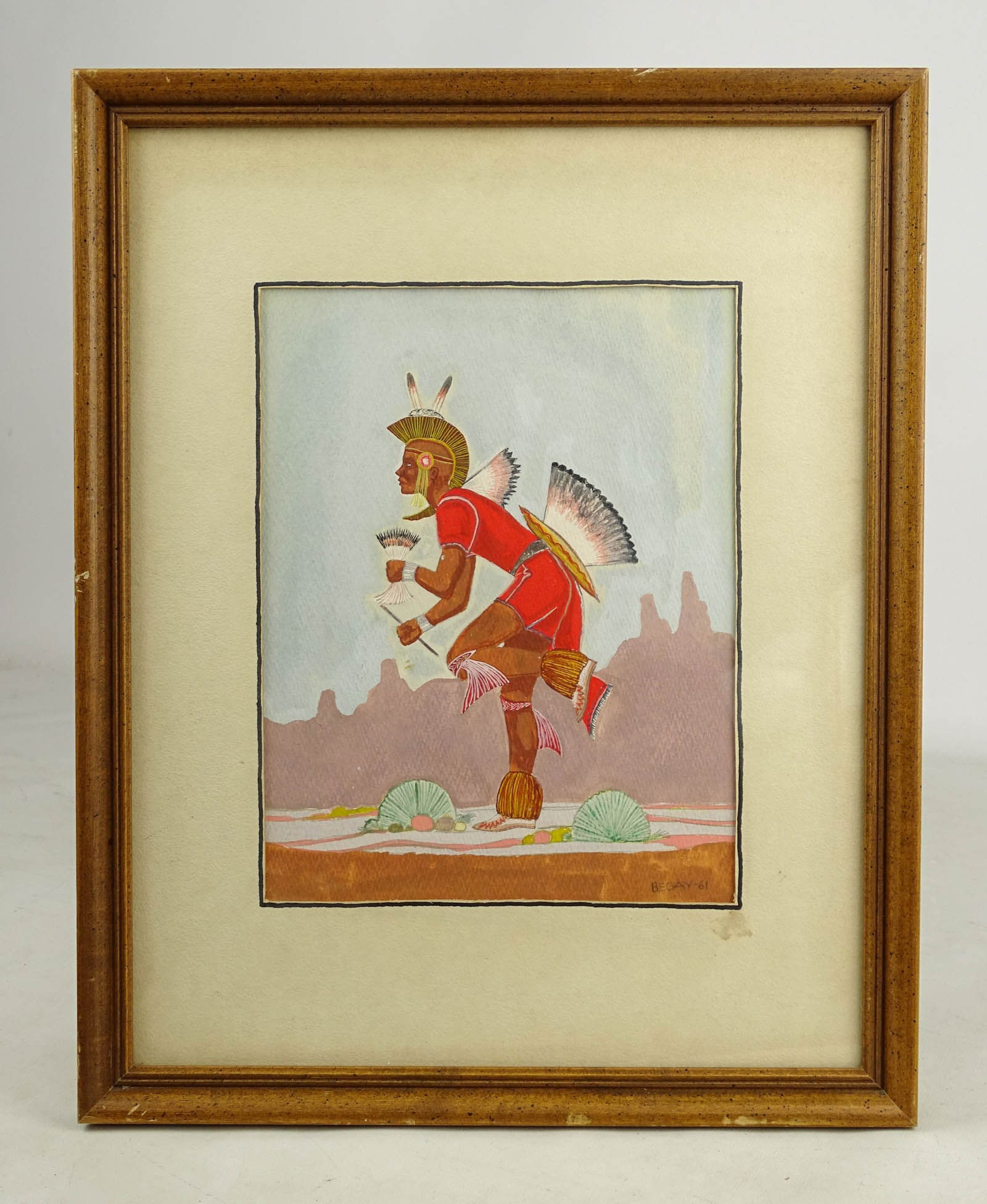 Attributed to Harrison (Haskay Yahne Yah) Begay: Attributed to Harrison (Haskay Yahne Yah) Begay, watercolor of Native dancer. Overall in frame 16" x 12 1/2".