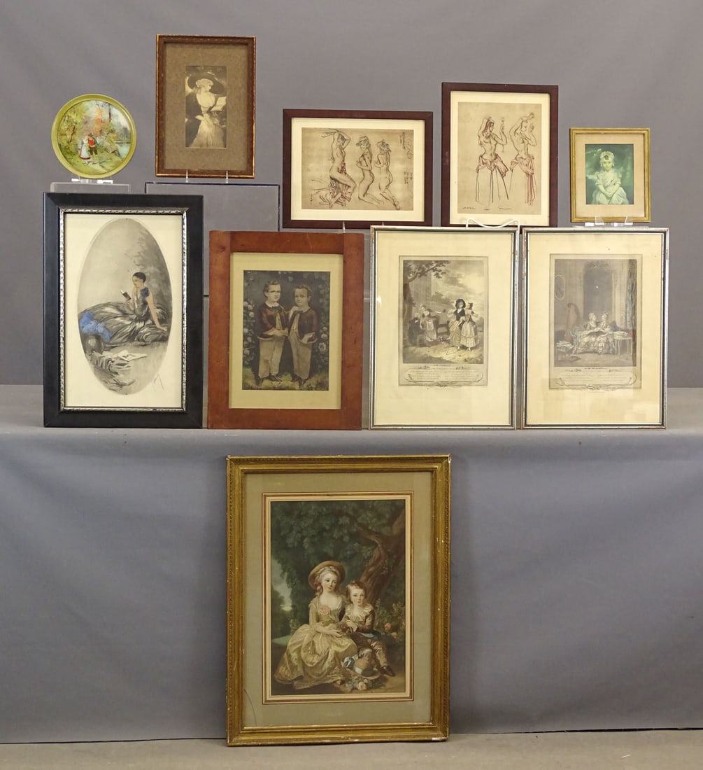 Artwork Lot: Artwork lot including: Pair of French prints "LA PROMENADE DU MATIN" and "LES CONFIDENCES" (overall 19" x 14"), 19th c. print of two children (overall 18 1/2" x 14"), round print of a couple in