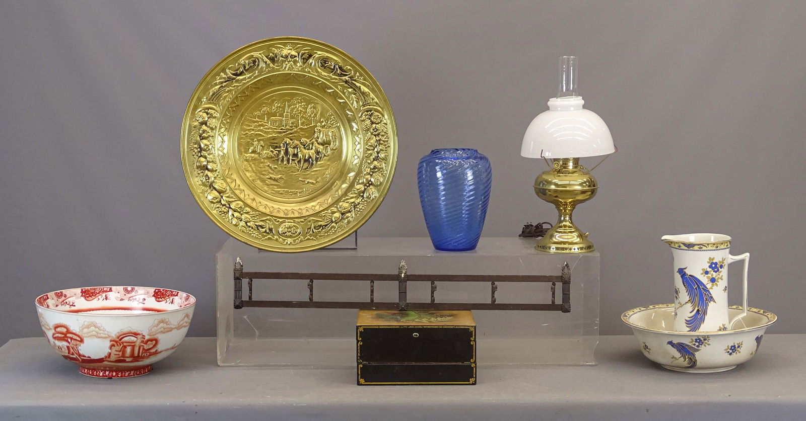 Misc. Lot: Lot including: Chinese ceramic bowl (15" D., 7 1/2" Ht.), brass charger (21 1/2" D.), Victorian dresser box (12" x 9" x 6 1/2"), Victorian rack (35" L.), blue swirl glass vase (small rim chip, 11" Ht.