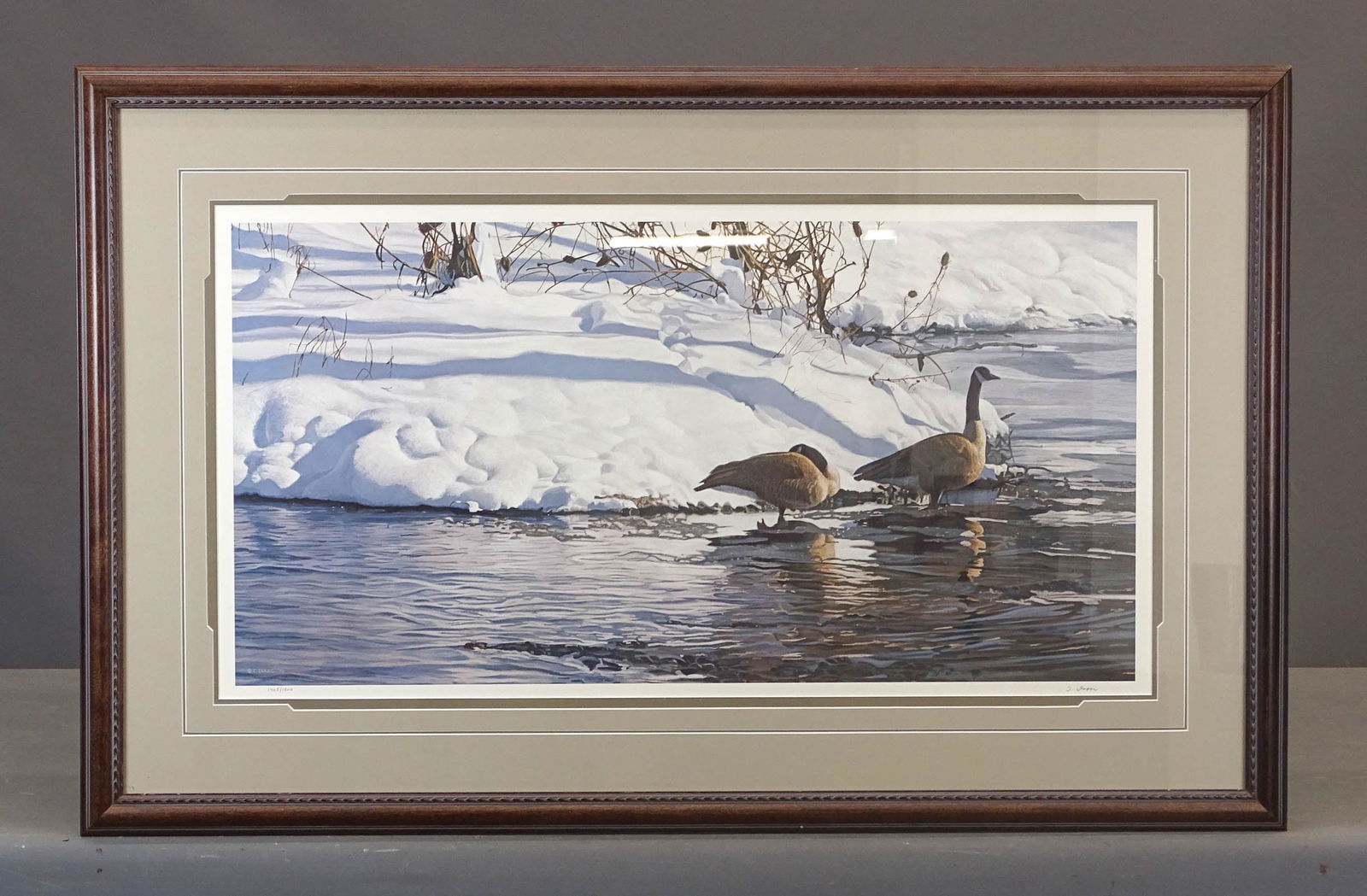 Terry Isaac Signed Print: Terry Isaac signed print "Winters Thaw-Geese". Overall in frame 26" x 41 1/2".