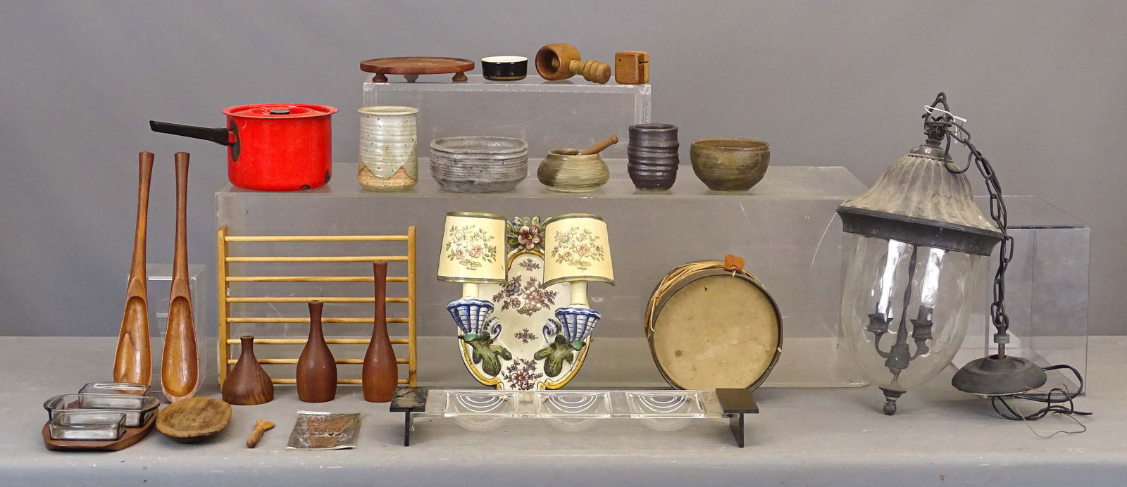 Mid-Century Modern Collection: Mid-century modern collection: (2) enamel decorated cooking pots, pottery, wooden utensils, etc.