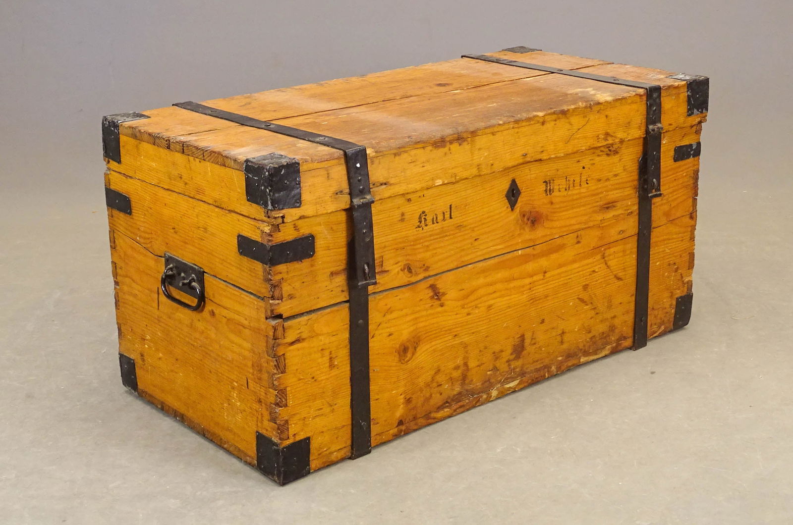 19th c. Continental Trunk: 19th c. Continental trunk. Adorned with metal straps. 39" x 19" x 20".