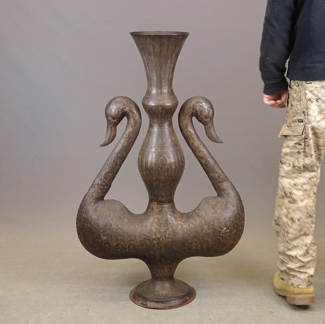 Ethnic Metal Swan Urn: Large Ethnic metal swans urn. 24" x 8" x 40" Ht..