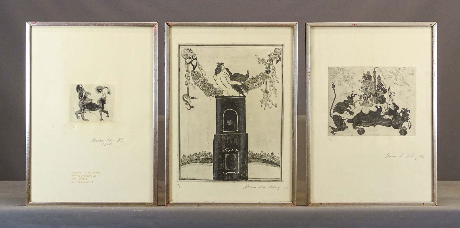 Pencil Signed Etchings: Set of (3) pencil signed Arabic School signed etchings. Signed and dated '68. Overall in frames 25 1/2" x 18".