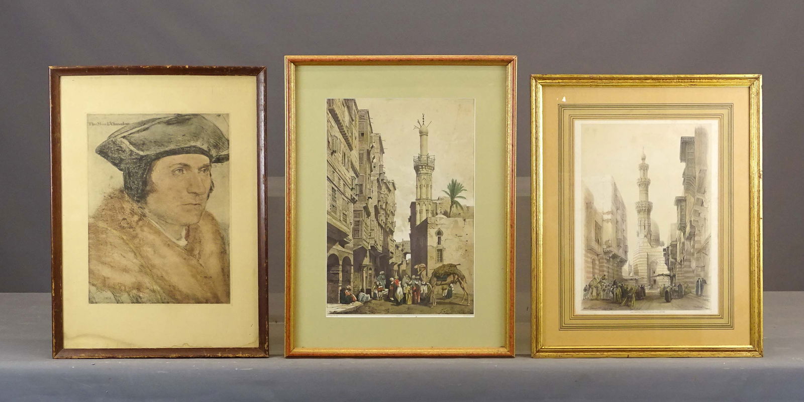 Artwork Lot: Artwork lot including: English Arabic prints (overall 20 3/4" x 17", 22" x 17"), print of Sir Thomas More, the Lord Chancellor of England from 1529-1532 (overall 21" x 15 1/2").