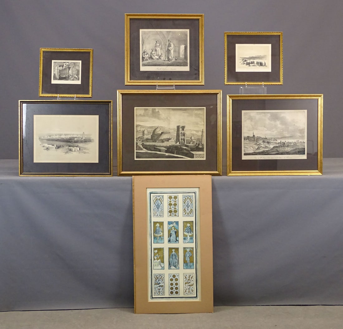 Artwork Lot: Artwork lot including: English Arabic prints, loose print etc. (7) total, one glass cracked, largest overall 30" x 16 1/2".