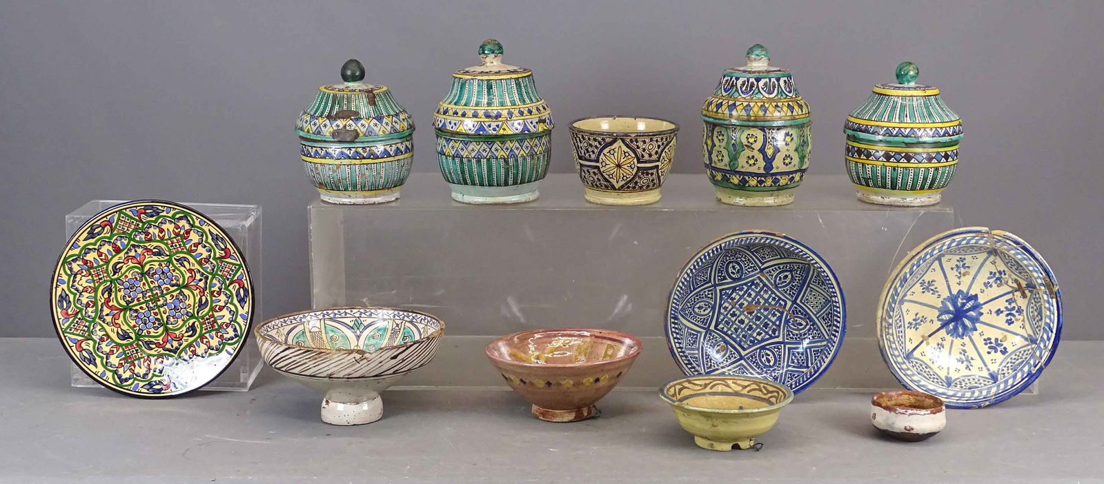 Moroccan Pottery Lot: Lot of assorted Moroccan pottery. Largest 10" D., 6" Ht.. Imperfections.