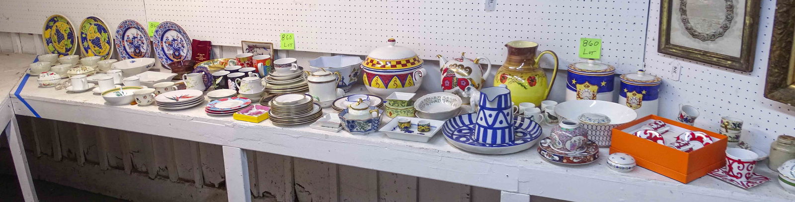 Large Porcelains Lot: Large Lot of Porcelains including: Italian covered dish (12" D., 11" Ht.), Tiffany ashtray, Wdgwood bowl (10" D., 4" Ht.), French pitcher (11" Ht.), teapot marked the USSS (9" Ht.), Hermes cups and