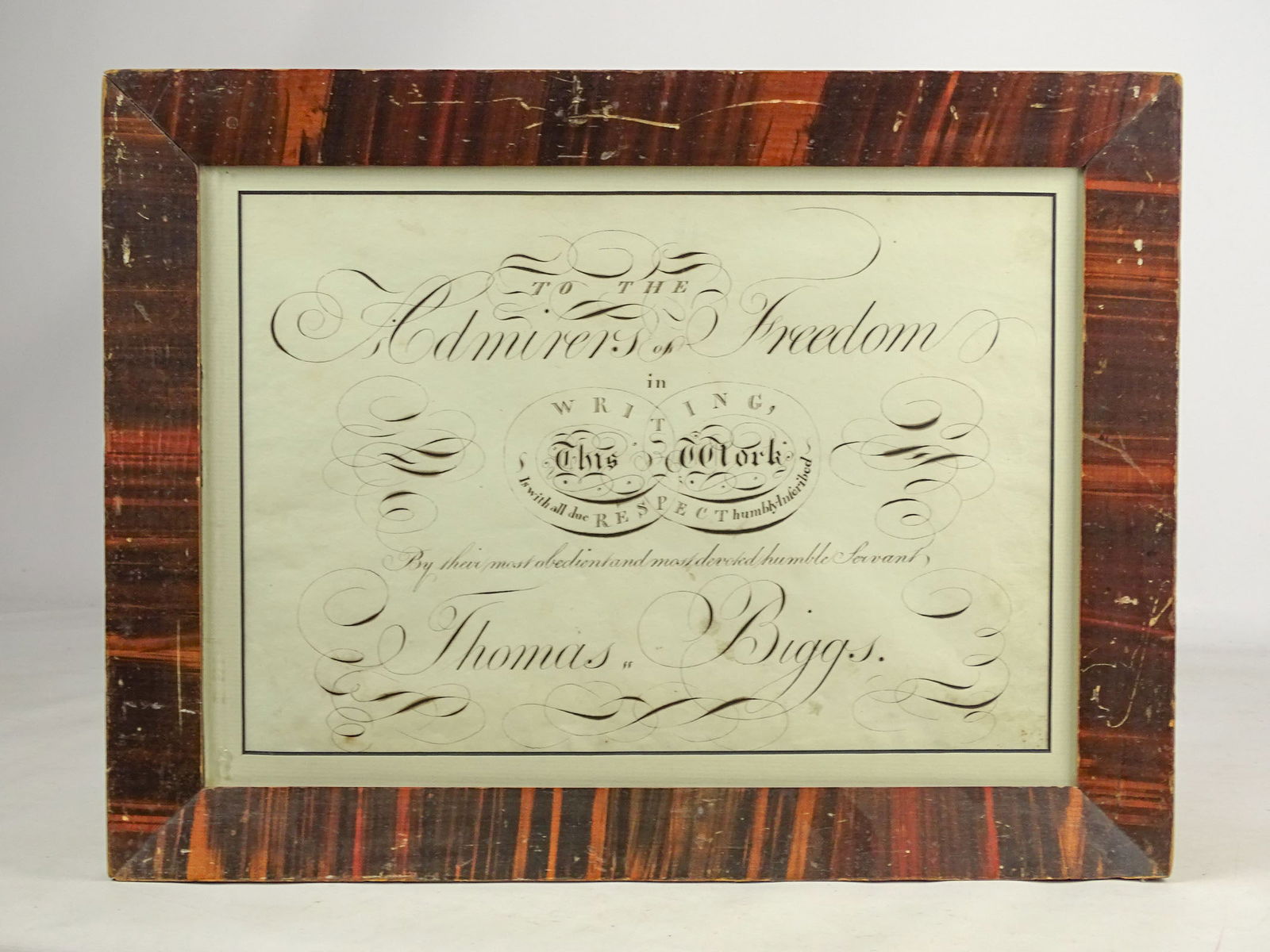 19th c. Penmanship Drawing: 19th c. framed Penmanship drawing. Grained frame. Overall 12 1/2" x 16 1/2".