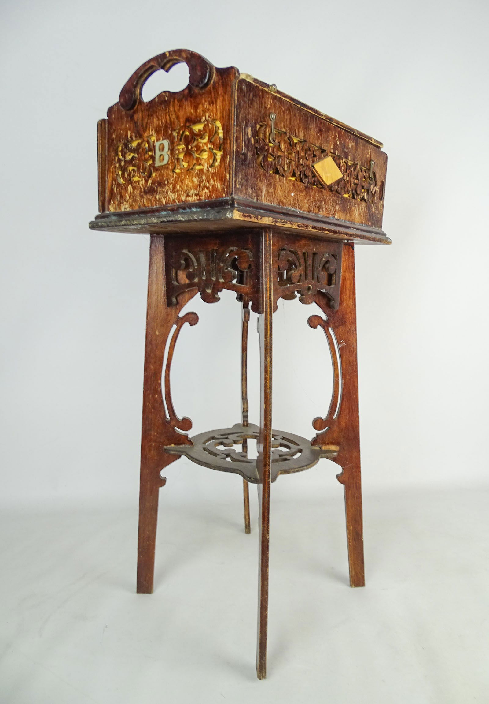 Sewing Stand: Vintage folk art sewing stand. Lined interior. 13" x 9" x 28".