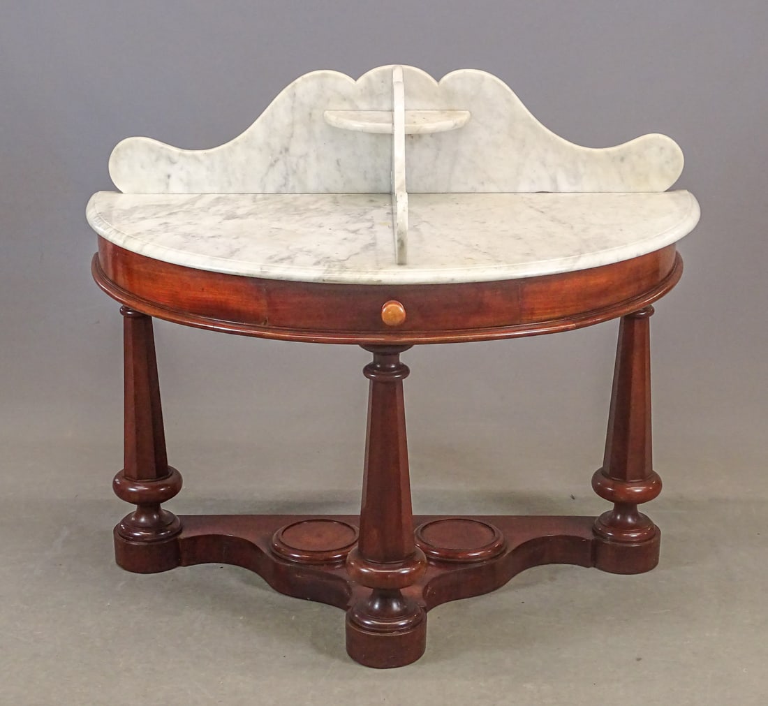 19th c. Marble Top Mahogany Base Table: 19th c. marble top mahogany base table. 48" x 24" x 34" Ht..