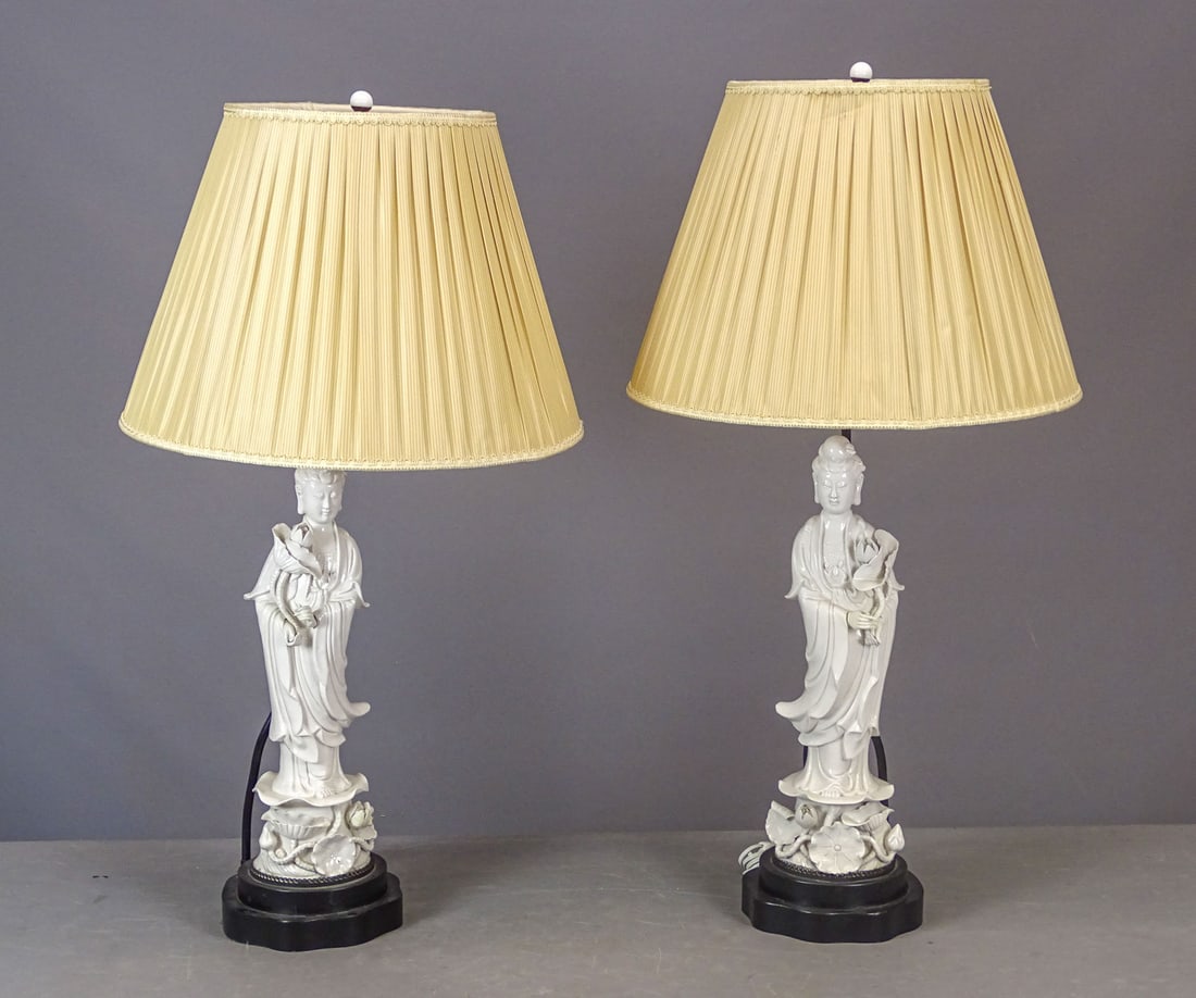 Pair of Asian Blanc De Chein Table Lamps: Pair of Asian Blanc De Chein table lamps with shades. 36" Ht..