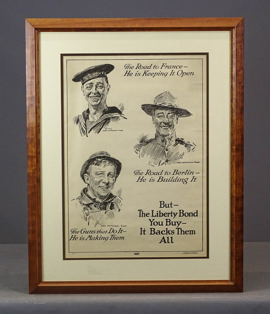 WWI Poster: Framed WWI poster "The Road to France-H is Keeping it Open…" (James Montgomery Flag). Overall in frame 31" x 24 1/2".