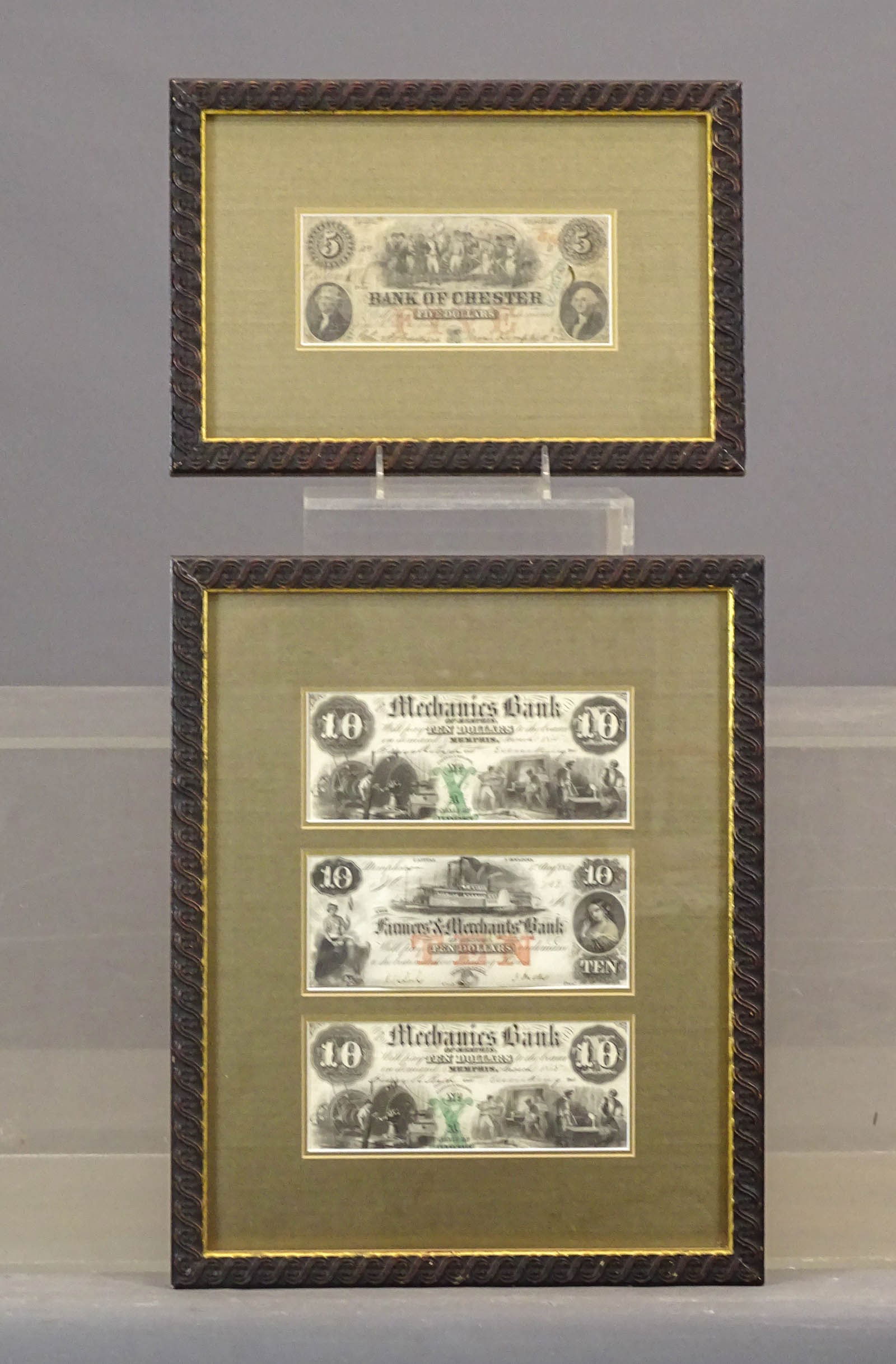 Framed Currency Lot: Lot (2) frames with currency. One has (3) Mechanics Bank $10.00 bills (Memphis). Frame overall 16" x 13", the other "BANK OF CHESTER" ($5.00), overall 9" x 13".
