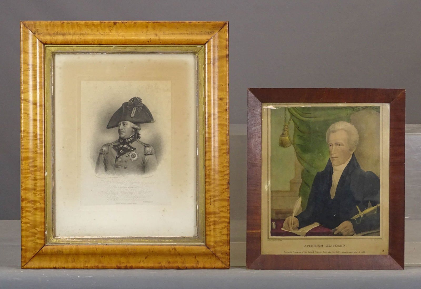 Two 19th c. Prints: 19th c. framed engraving of King George III. Birdseye maple frame. Overall 22" x 18 1/2", along with 19th c. print "ANDREW JACKSON" (Kellogg), overall 16" x 14".