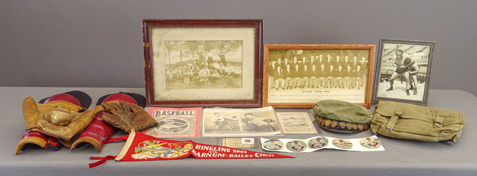 Early Baseball Photo and Misc. Lot: Lot including: Early Baseball Club photo (Hardwich, overall 16" x 20 1/2"), along with "Springfield Indians 1960-61" (overall 11 1/2" x 19 1/2"), (5) 1978 Yankees pins (3" D.), vintage baseball, pair
