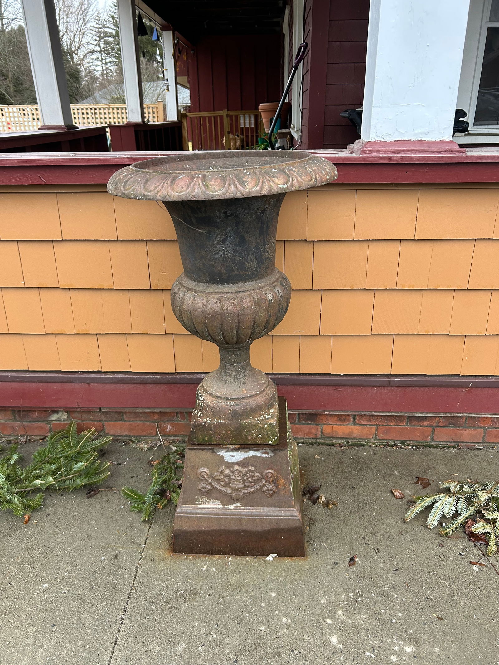 19th c. Cast Iron Urn: 19th c. two part cast iron urn. 22" D., 44" Ht..