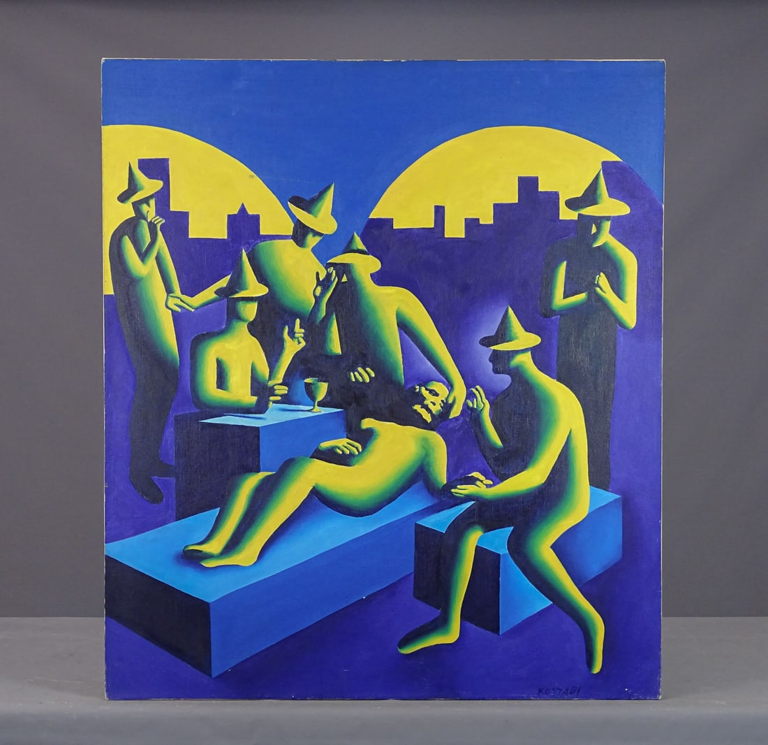 Mark Kostabi (b. 1960): Painting: Mark Kostabi (b. 1960), "REAL ESTATE DEAL 1983", 48" x 48". Ronald Feldman Fine Arts Inc. Label verso.