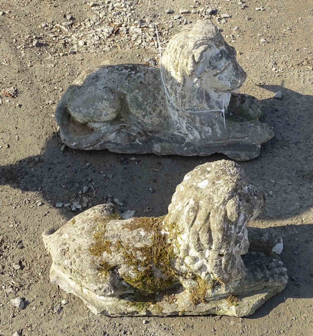 Pair Poured Stone Lions - 4