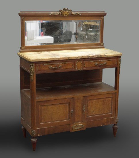 French Marble Top Server: C. 1900's marble top French inlaid and ormolu mounted server with mirrored backsplash. 44" x 18" x 59".