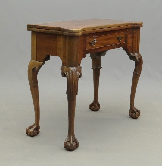 Chippendale Style Table: Chippendale style mahogany single drawer card table with ball and claw feet. Top 15 1/2" x 34" (closed), 29" Ht.