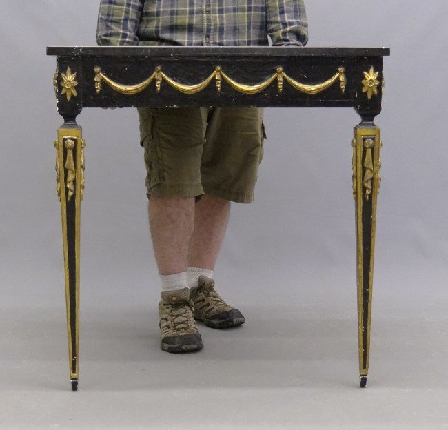French Console Table: French marble top console table with two front legs (attaches to wall). 30" x 22" x 32".