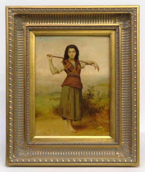 Contemporary Painting: Contemporary painting on panel "The Shepherdess" after Wm. Adolphe Douguereau, signed Jan Steen. Site 15 1/2" x 11 1/2
