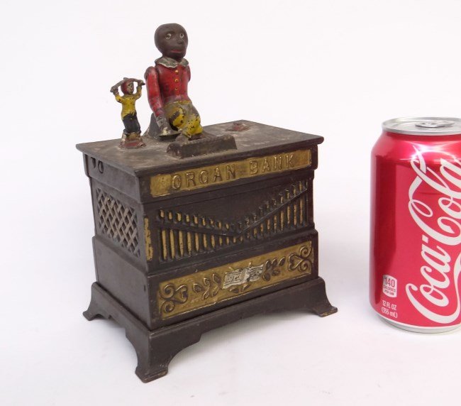 Organ Grinder Bank: 19th c. cast iron "Organ Grinder" mechanical bank. As found.