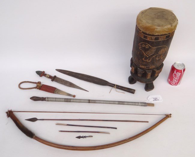 Ethnic Lot: Lot including African (Uganda) wooden carved drum, bow and arrow, spears etc.