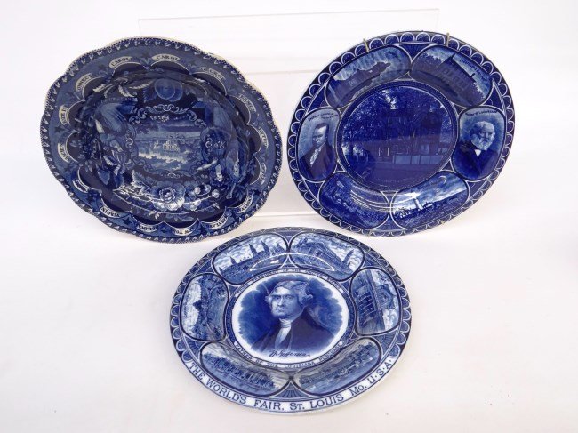 Lot (3) Staffordshire Plates: Lot of (3) historic Staffordshire plates, Rowland and Marsellus 20th c. "Longfellows Early Home", "Thomas Jefferson" 10" diam., 19th C. Clews "America and Independence" 10 1/2" diam. Imperfections