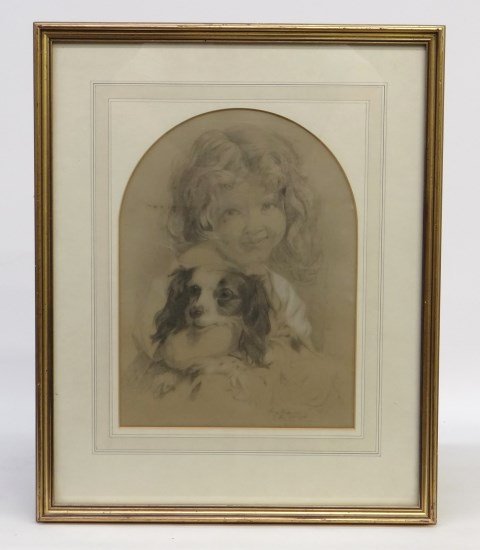 Drawing Lucy Richards: Pencil drawing of a young child with a King Charles spaniel dog. Signed and dated Lucy Richards Dec. 1, 1881. Site 13 3/4" x 10"