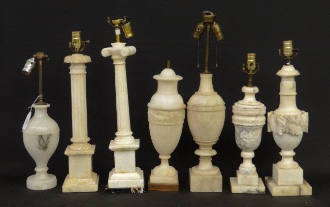 Alabaster Lamp Lot: Lot seven various early alabaster lamps including urns and columns. 20" to 25" Ht.