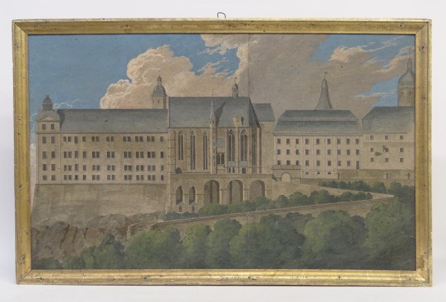 Watercolor Continental School: Watercolor on paper Continental School landscape with buildings. Sight 22" x 36".