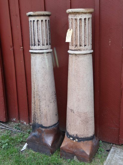 Pair Pottery Chimney Risers: Pair of pottery chimney risers 12 1/2" x 13" base x 59" Ht.