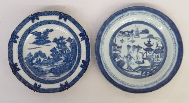 Porcelains: Lot including 10 1/2" Canton plate and 10" Spode (?) plate (damaged).
