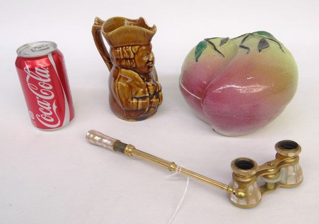 Misc. Lot: Misc. lot including Toby mug (damaged), brass opera glasses.