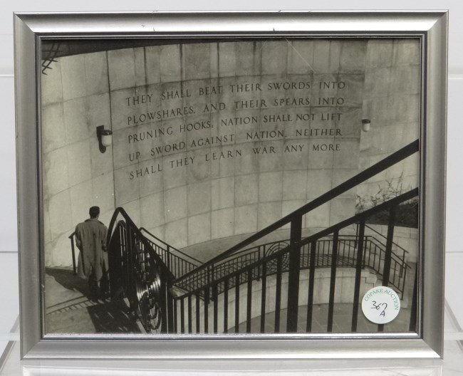 Al Macy Photograph: Vintage Al Macy photograph, man on stairs at U.N. building. C. 1950's, estate stamp verso. 8" x 10".