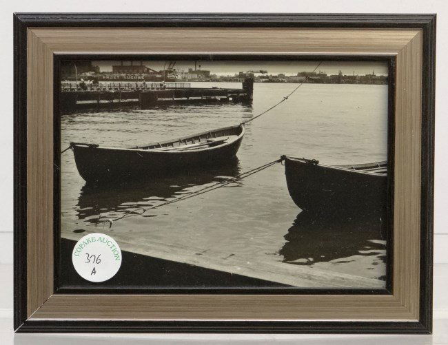 Al Macy Photograph: Vintage Al Macy photograph N.Y.C. boats dockside. C. 1950's, estate stamp verso. 4 7/8" x 6 3/4".