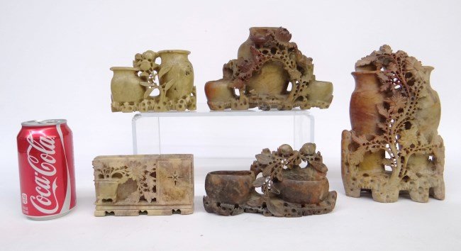 Asian Soapstone Lot: Lot five C. 1900's Asian soapstone sculptures. 3" to 9" Ht.